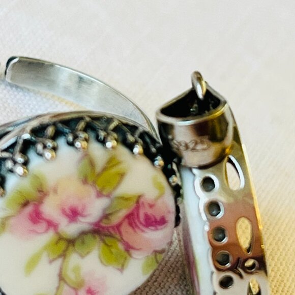 Silver Bone China Pendant and Maching Adjustable Ring Limoges Pink Roses China - Picture 8 of 10